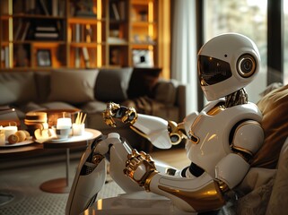 Fototapeta premium Modern robot relaxing on couch in cozy living room