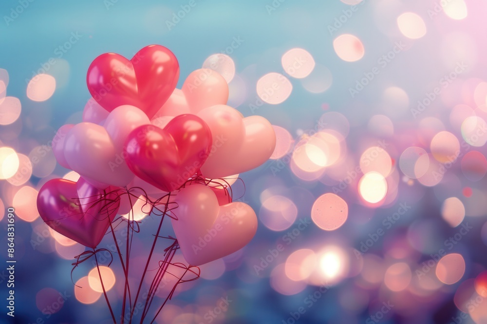 Poster pink and red heart balloons against a sparkling background of city lights. ideal for a romantic even