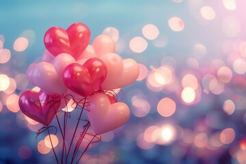 Fototapeta premium Pink and red heart balloons against a sparkling background of city lights. Ideal for a romantic evening setting. Generative AI