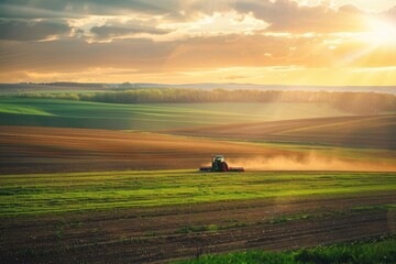 Fototapeta premium The tractor at work - plowing the field to ready it for crops, a symbol of agricultural progress and the relentless effort of farmers to ensure productive harvests.