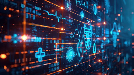 A futuristic healthcare grid visualized as a network of glowing, interconnected nodes.