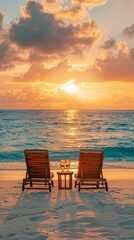 Fototapeta premium A happy couple relaxes on beach chairs, enjoying a sunny day by the ocean, with a side table holding cocktails