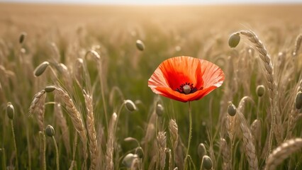 Naklejka premium Lone Red Poppy in Wheat Field