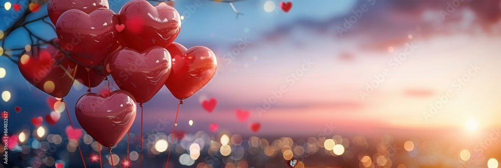 Poster a beautiful image of red heart-shaped balloons floating against a cityscape at sunset. perfect for c