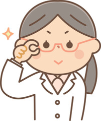 メガネを光らせる白衣の女性