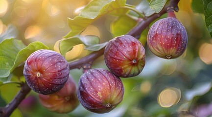 Close-up of ripe figs on tree branch with green leaves