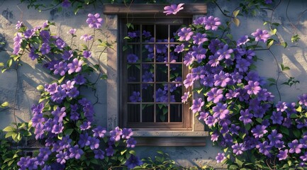 Clematis flowers blooming on wall