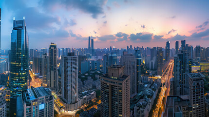 Obraz premium Panoramic View of Bustling Asian Mega-City Skyline Featuring High-Tech Medical Center and Health Concierges at Work