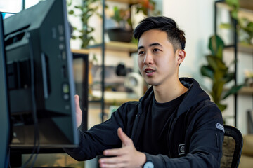 Young Male Student Engaged in Online Education at Home