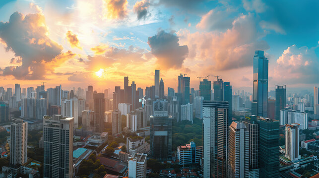 A panoramic view of a bustling Asian/African mega-city skyline,
