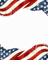 An abstract art design featuring the American flag with red, white, and blue colors forming a dynamic, textured border around a blank central space suitable for text or images.