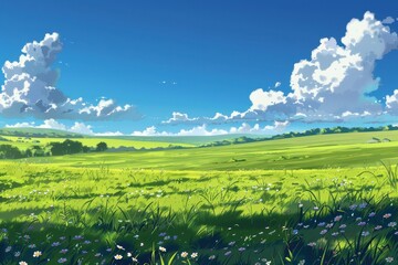 Fototapeta premium Peaceful green field with wildflowers under a blue sky with fluffy clouds. Peaceful nature scene perfect for calm and serene background.