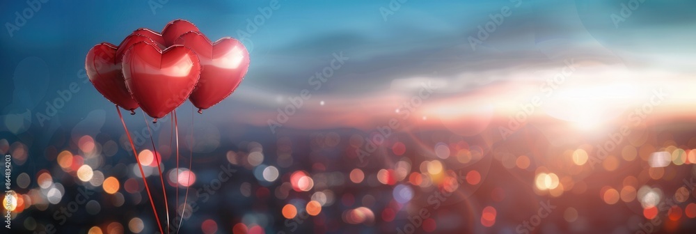 Aufkleber heart-shaped balloons against a backdrop of city lights and a romantic sunset. perfect for creating 