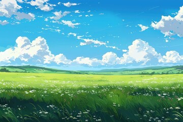 Fototapeta premium Beautiful landscape of green grass meadow with fluffy white clouds in a blue sky, ideal for backgrounds, desktop, mobile phone and other digital media