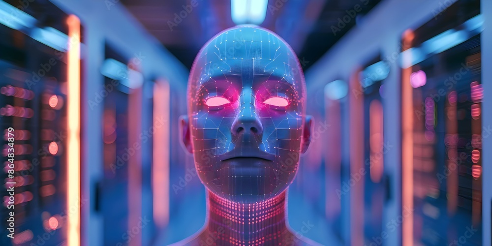 Poster beware of risks from advanced artificial intelligence in data centers. concept data security, artifi