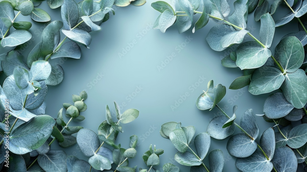 Poster A flat lay image of eucalyptus leaves arranged in a circular pattern on a light blue background.