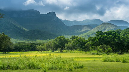 landscape with green grass and blue sky