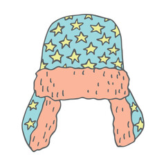 Ear flap hat doodle Hand drawn winter accessories. Single design element for card, print, design, decor