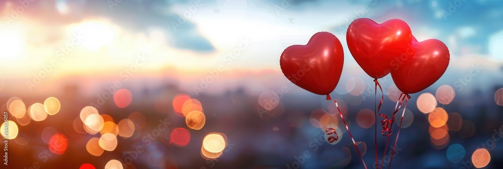 Poster two red heart balloons float against a romantic backdrop of city lights. generative ai