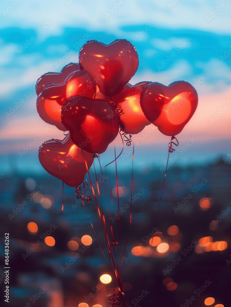 Poster A cluster of heart-shaped balloons against a dreamy evening sky, perfect for creating an intimate and romantic atmosphere. Generative AI