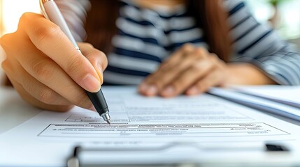 A woman is writing with a pen on a piece of paper