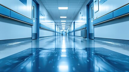 Fototapeta premium A long hallway with a blue wall and blue floor