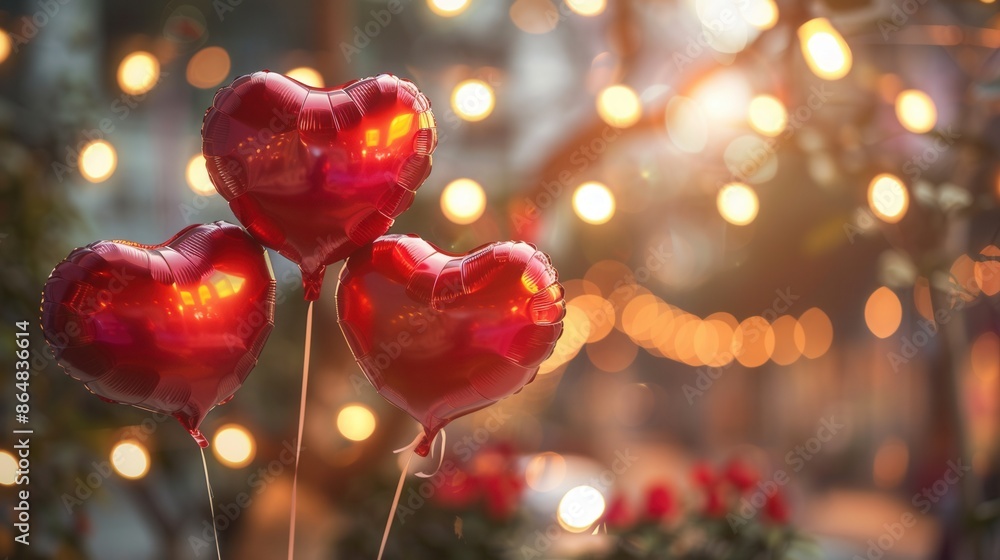 Aufkleber three red heart-shaped balloons float against a romantic evening backdrop of twinkling lights. gener