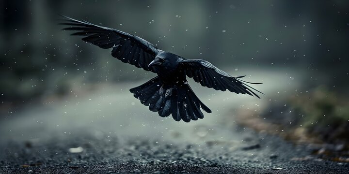 The title can be changed to "Symbolizing Mystery and Intrigue Majestic Crow Soaring Over Dark Asphalt". Concept Crow Photography, Mystery and Intrigue, Majestic Moments, Dark Asphalt Background
