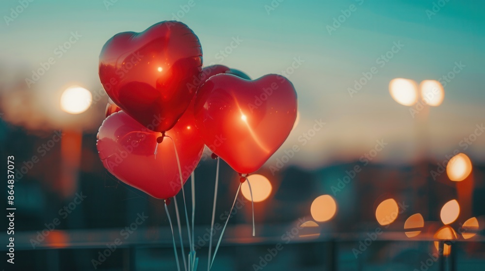 Poster heart-shaped balloons float against a backdrop of city lights, creating a romantic atmosphere for a 