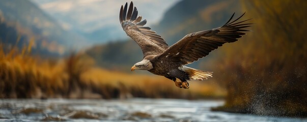 Obraz premium The image captures an eagle hovering over the water in a scenic river valley. The picturesque setting with mountains in the background enhances the overall natural and wild ambiance.