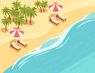 Isometric view of a tropical sand beach with sunbeds under an umbrella, palm trees, vector illustration