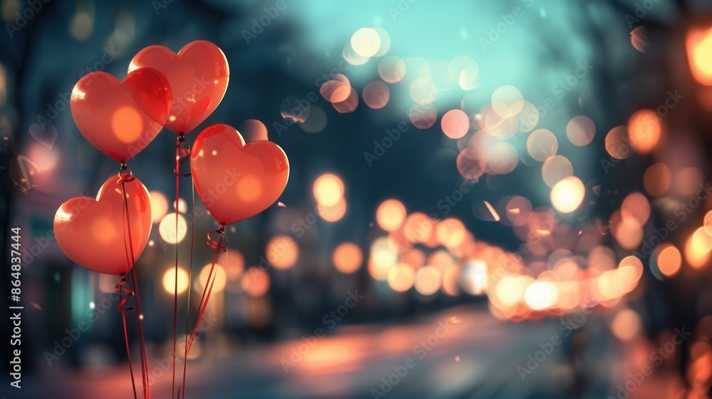 Poster heart-shaped balloons float against a backdrop of city lights, creating a romantic atmosphere perfec