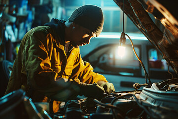 Focused mechanic repairing car engine in a busy workshop. Ideal for illustrating automotive repair services, professional technicians at work, or skilled labor in the automotive industry