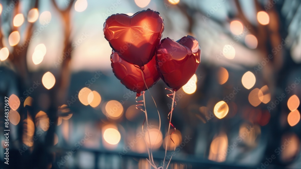 Poster heart-shaped balloons floating against a backdrop of twinkling lights create a romantic atmosphere f