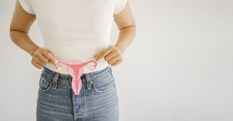 Woman hands holding uterus, female reproductive system , woman health, PCOS, gynecologic and cervix cancer concept