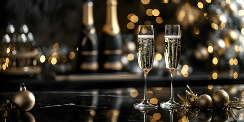 Elegant holiday celebration setting with champagne glasses and bottle against a black night sky. Concept Holiday Celebration, Elegant Setting, Champagne Glasses, Night Sky, Black Background