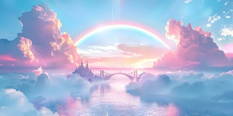 A National Geographic-worthy rainbow bridge arches over cotton candy clouds leading to a marshmallow castle. Concept Fantasy Landscape, Rainbow Bridge, Cotton Candy Clouds, Marshmallow Castle