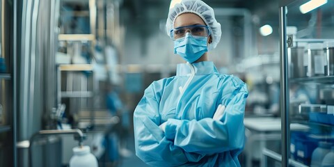 Worker in blue protective gear at a biotech facility in clean production room. Concept Biotech Facility, Cleanroom Environment, Worker in Blue Gear, Protective Measures