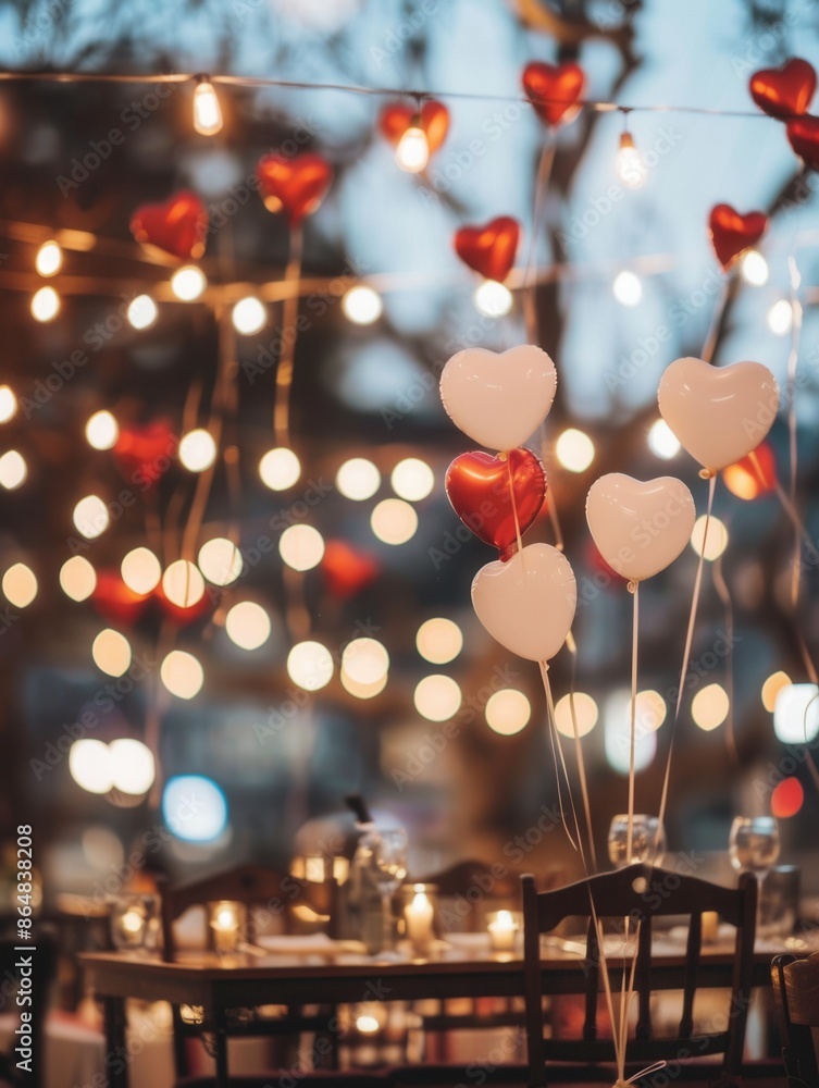 Aufkleber A romantic dinner setting with heart-shaped balloons and string lights, ideal for restaurants and event planners. Generative AI