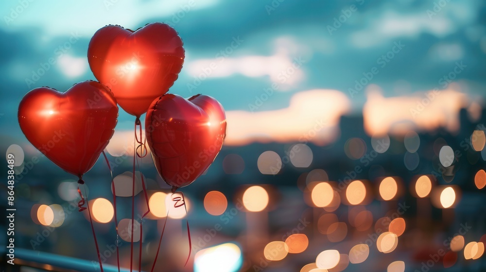 Poster Three heart-shaped balloons float against a backdrop of city lights at sunset, creating a romantic and intimate scene. Generative AI