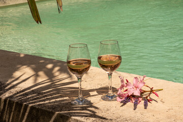 Two glasses of rosé in the shade of a palm tree at the edge of the swimming pool decorated with a...