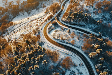 Fototapeta premium Drone shoot above colorful green texture in nature. Winter in forest aerial top view. Winding road and nature in trees. Soft light in countryside woodland or park.