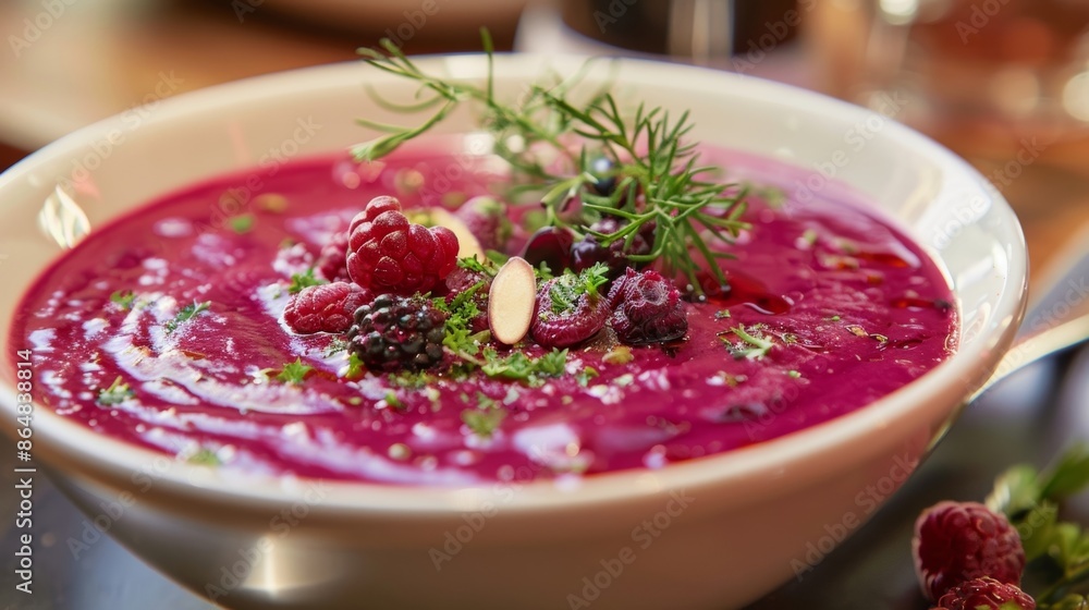 Poster the soup is topped with handpicked berries and seeds adding a burst of color and flavor to the dish.
