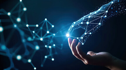 Hand Touching Glowing Digital Network on Blue Background - Hyper Realistic Photo of Global Connectivity and Technology"





