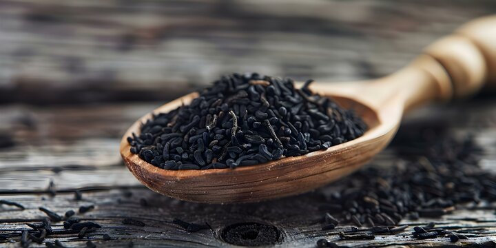 Organic black cumin Nigella Sativa on wooden spoon A beneficial herb for medicinal purposes. Concept Herbal Remedies, Nigella Sativa, Medicinal Herbs, Natural Supplements, Wooden Spoon