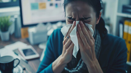 Person holding tissue, dabbing runny nose with blurred background of scattered files, mug, open tissue box