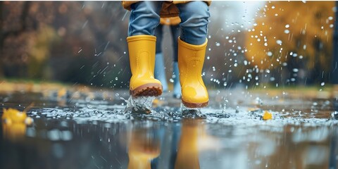 Joyful Children Playing in Puddles on a Rainy Day. Concept Puddle Jumping, Rainy Day Fun, Kids Activities, Outdoor Play, Wet Weather Activities