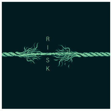 Broken risk rope. Risk analysis, Defination, Types process steps. frayed rope about to break concept for stress, problem, fragility or precarious business situation