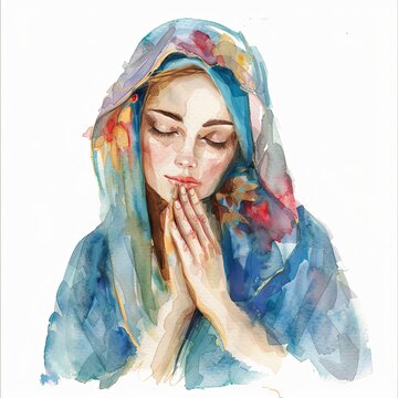 recommend clip art: Virgin Mary praying with eyes closed watercolor clipart illustration on white background