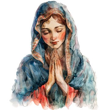 recommend clip art: Virgin Mary praying with eyes closed watercolor clipart illustration on white background